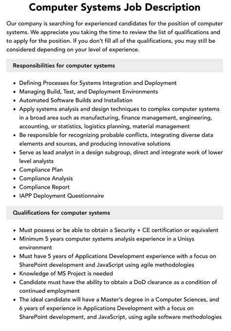 Computer Systems Job Description