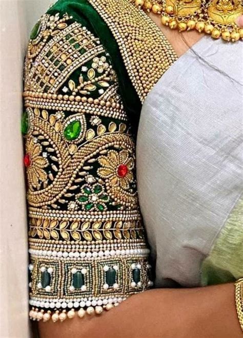 Computer Work Green Colour Blouse Designs