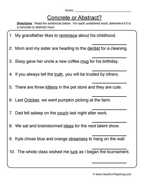 concrete and abstract nouns worksheet grade 5