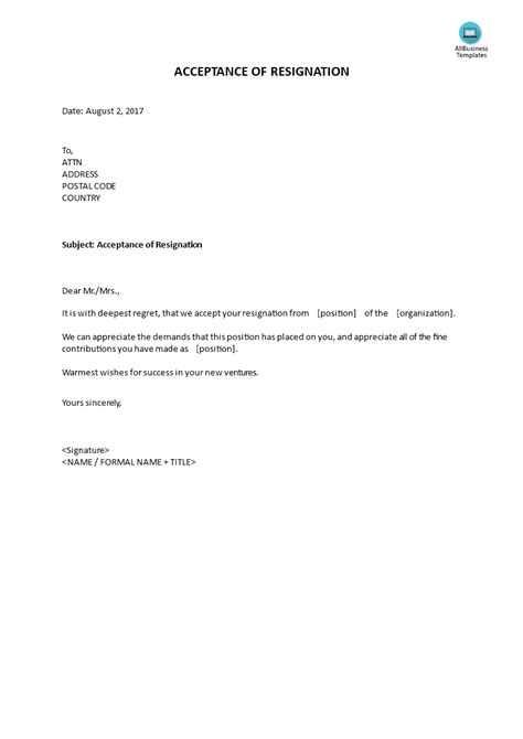 Confirmation Of Resignation Letter Example Sample