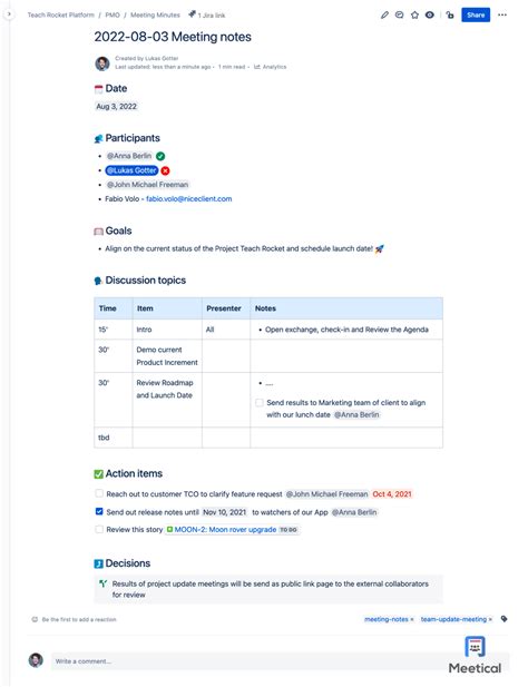 confluence template for meeting notes