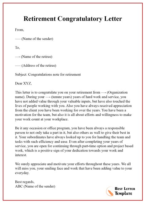 Retirement Congratulations Letter Template Sample & Example
