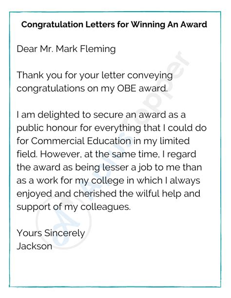 Achievement Congratulations Letter Example of a