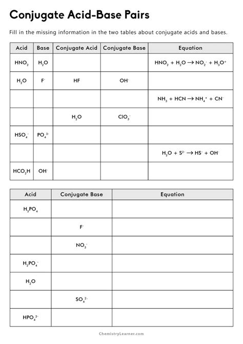 conjugate acid and base worksheet with answers