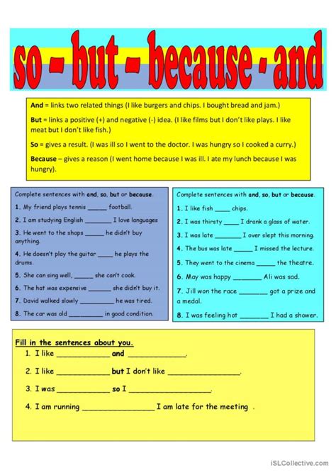 Conjunctions And But Or So Because Exercises Pdf