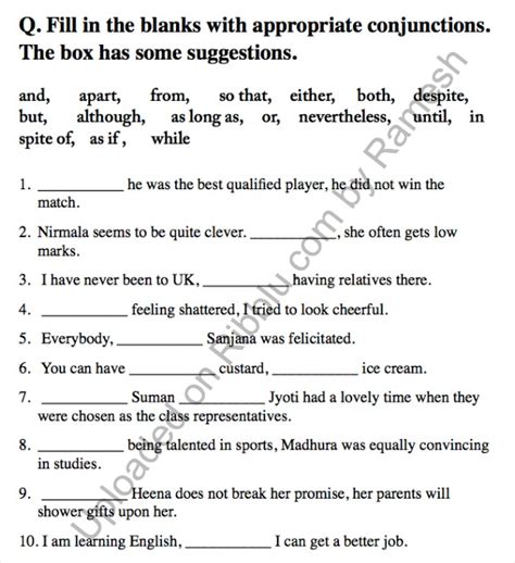 conjunctions exercises for class 8 icse with answers