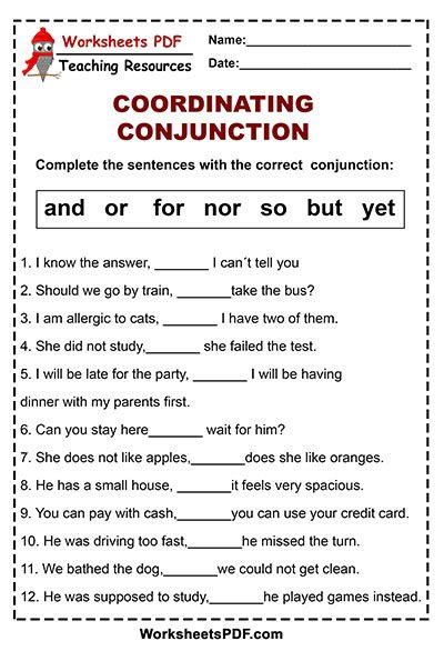 conjunctions worksheet pdf