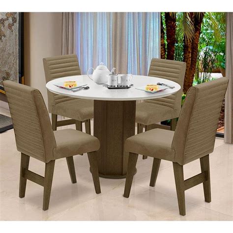 Conjunto De Mesa Para Sala De Jantar Com 4 Cadeiras Florenca Fit Dobue Castanho Branco Off Mascavo