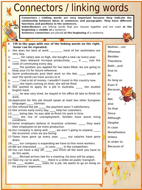 Connectors Linking Words Exercise Pdf