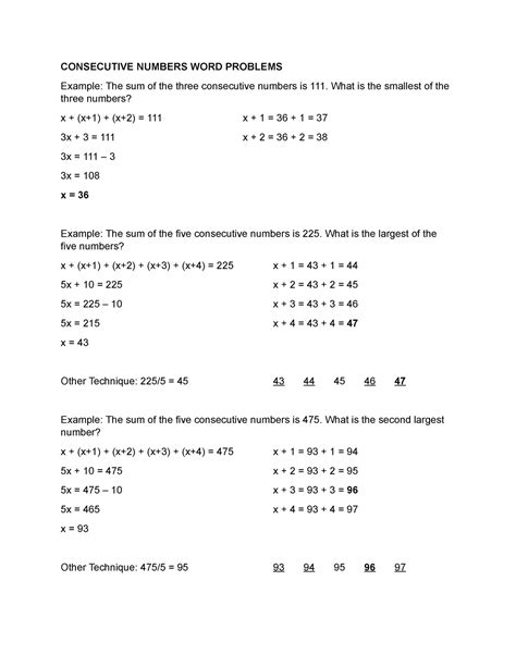 Consecutive Numbers Word Problems With Answers