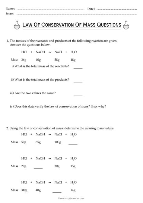 conservation of mass worksheet answers