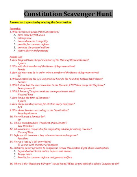 constitution scavenger hunt worksheet answers