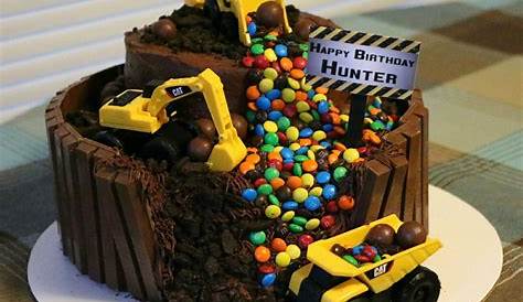 Construction vehicles birthday cake, dump truck and earth