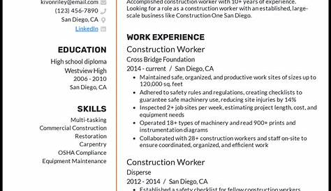 Construction Worker Resume Example & Writing Guide