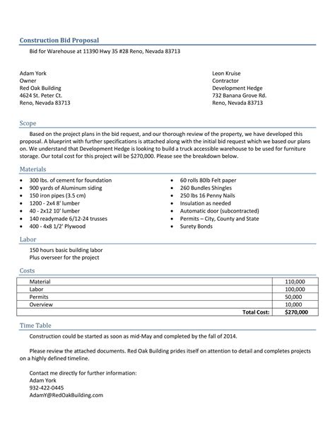 construction bid proposal form template