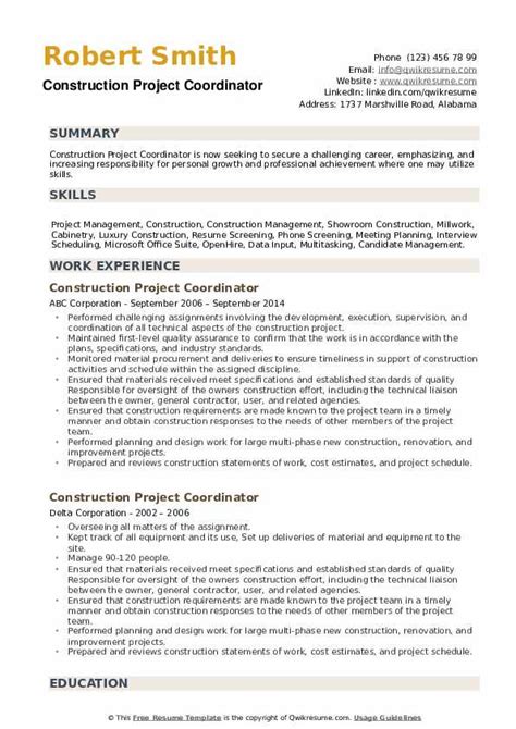 construction coordinator resume sample