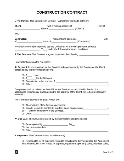 construction employment contract template