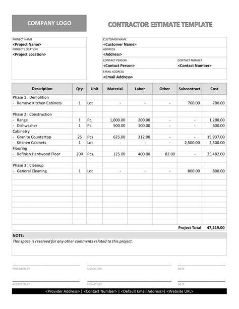 Construction Estimate Template Printable