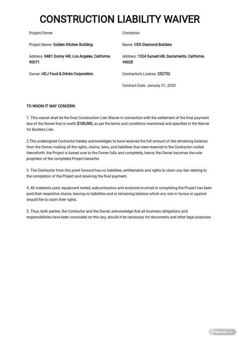 Construction Liability Waiver Form Template