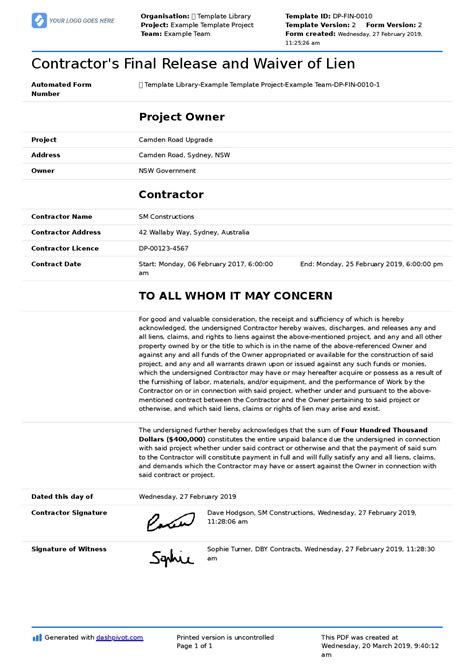 Construction Lien Waiver Form Template