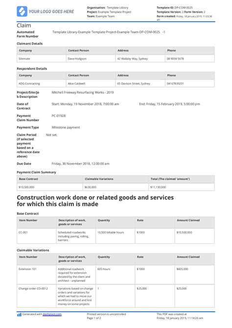 construction progress claim form template