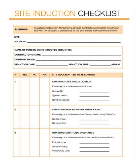 construction site induction form template