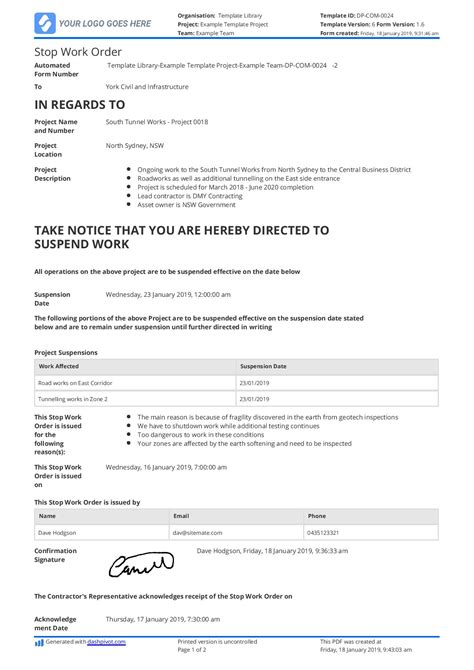 Construction Stop Work Notice Form