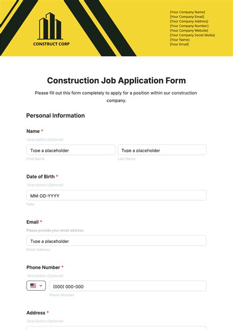 construction worker job application form template