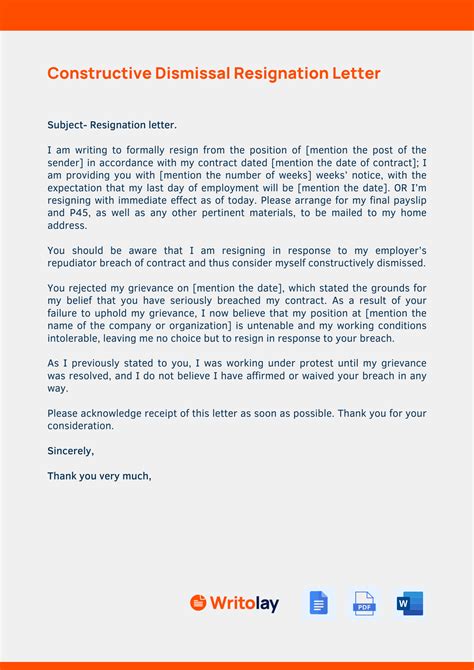 Letter Of Resignation Constructive Dismissal Sample