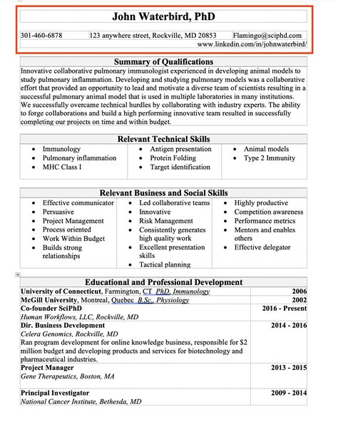 contact information resume