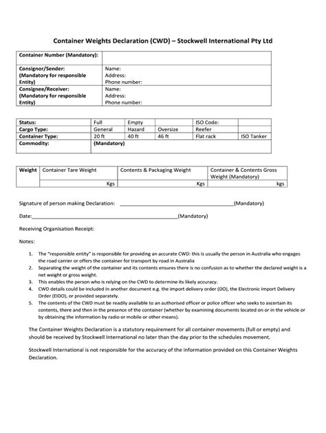 container weight declaration form template