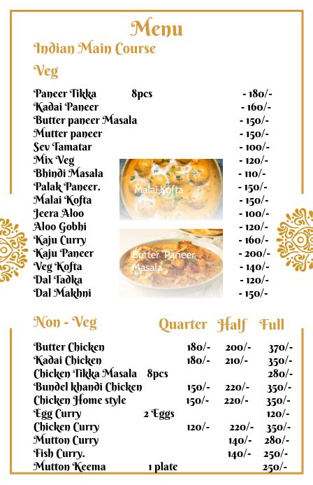 continental main course menu list indian