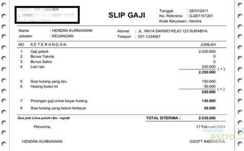 Contoh Slip Gaji Karyawan 'Yenni' CV.sja