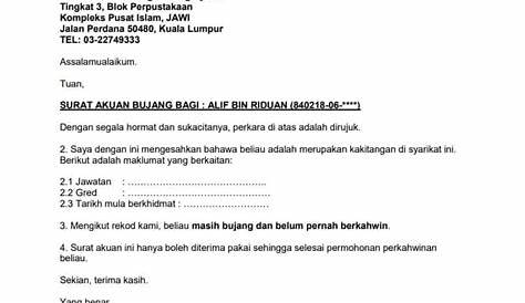 Surat Akuan Bujang Selangor - letter.7saudara.com