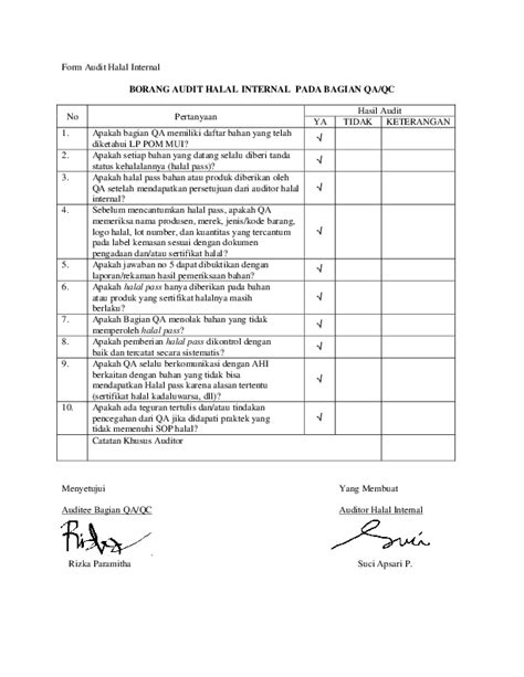 contoh laporan audit internal halal