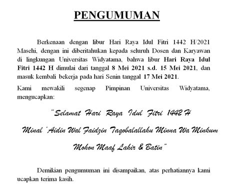 contoh pengumuman libur lebaran