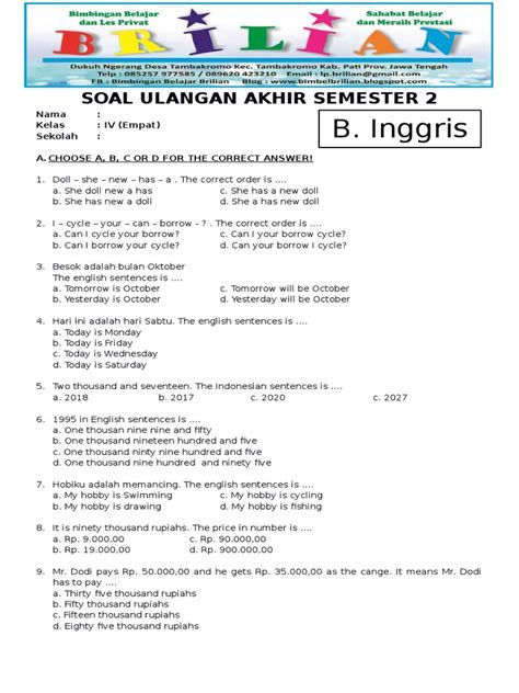 Contoh Soal Essay Bahasa Inggris Kelas 3 Semester 2