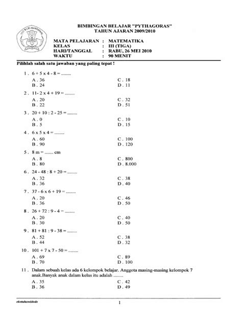 Contoh Soal Matematika Kelas 3 SD Semester 2
