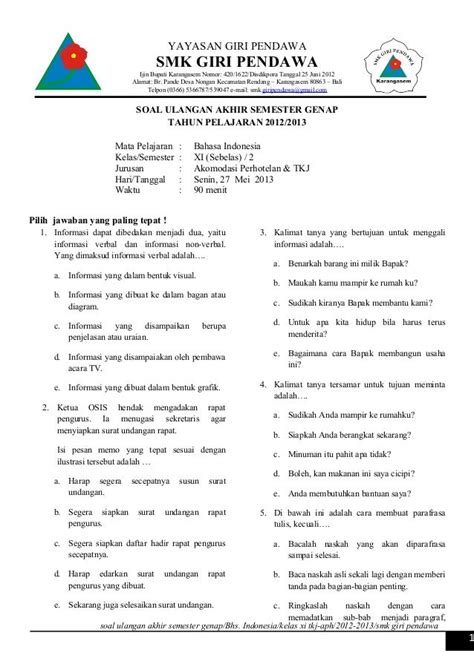 Soal ujian kelas 1 SD Bahasa Indonesia