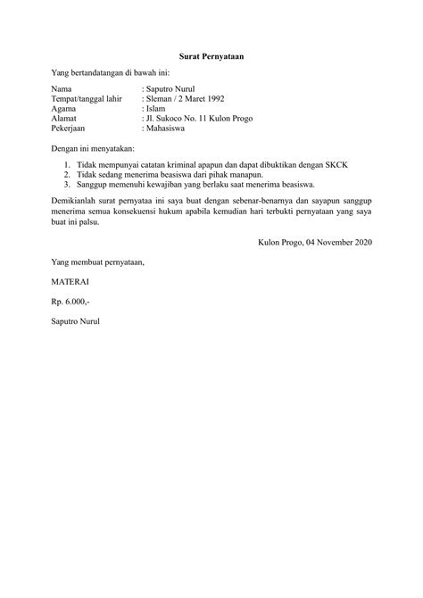 Contoh Surat Pernyataan Indonesia