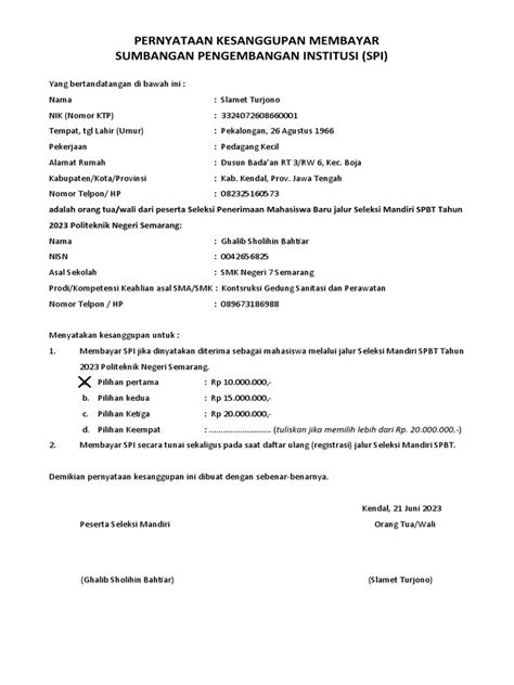 contoh surat pernyataan sppi 2025