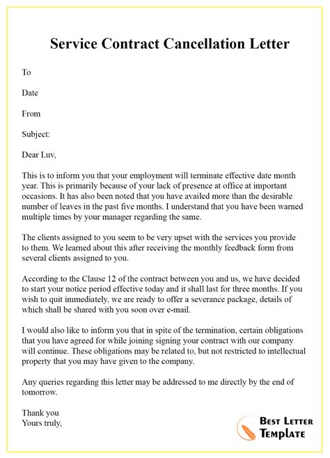 Service contract termination letter sample doc Templates