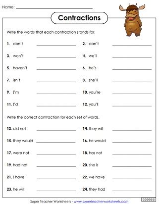 Contraction Free Printable Worksheets