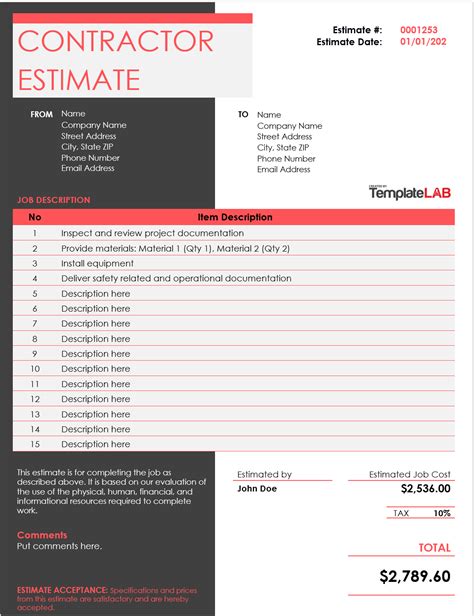 Free Construction Estimate Template Pdf Example of Spreadshee free