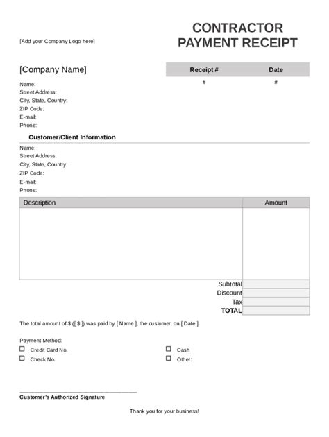 MS Excel Contractor Receipt Template Free Receipt Templates