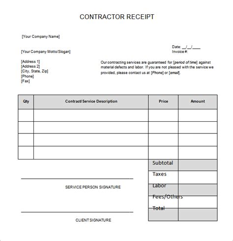 MS Excel Contractor Receipt Template Free Receipt Templates