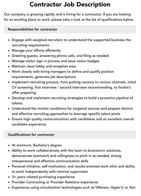 Contractor Job Description Example