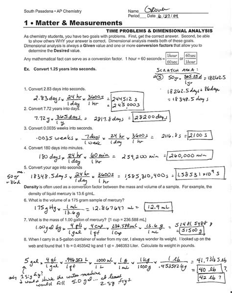 conversions with dimensional analysis worksheet key