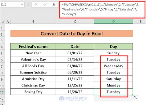 convert date to day formula in excel