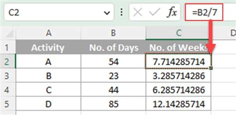 convert number of days to weeks in excel